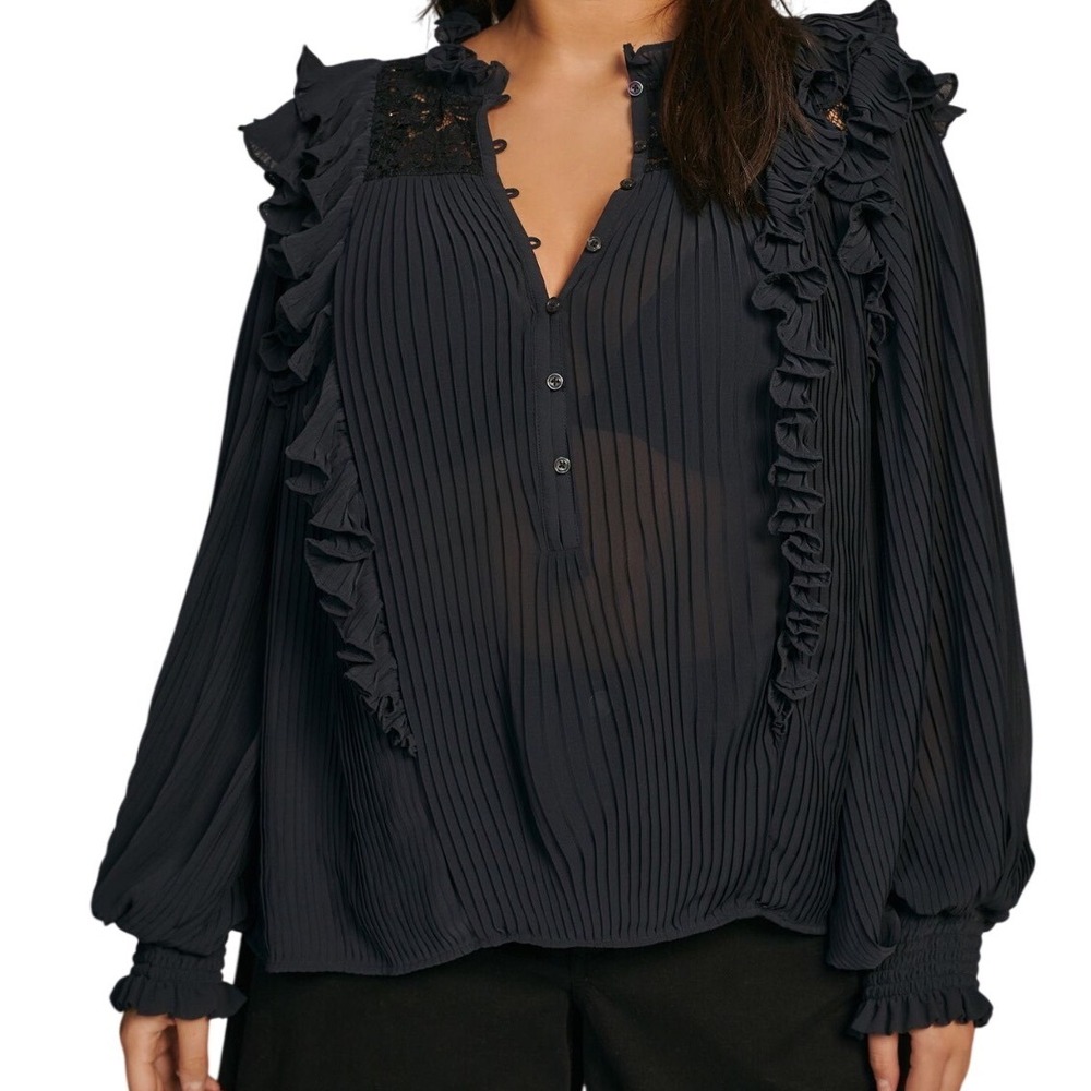 Anthropologie Pleated Ruffled Sheer Lace Blouse Top Black Size LP‎ Whimsigoth